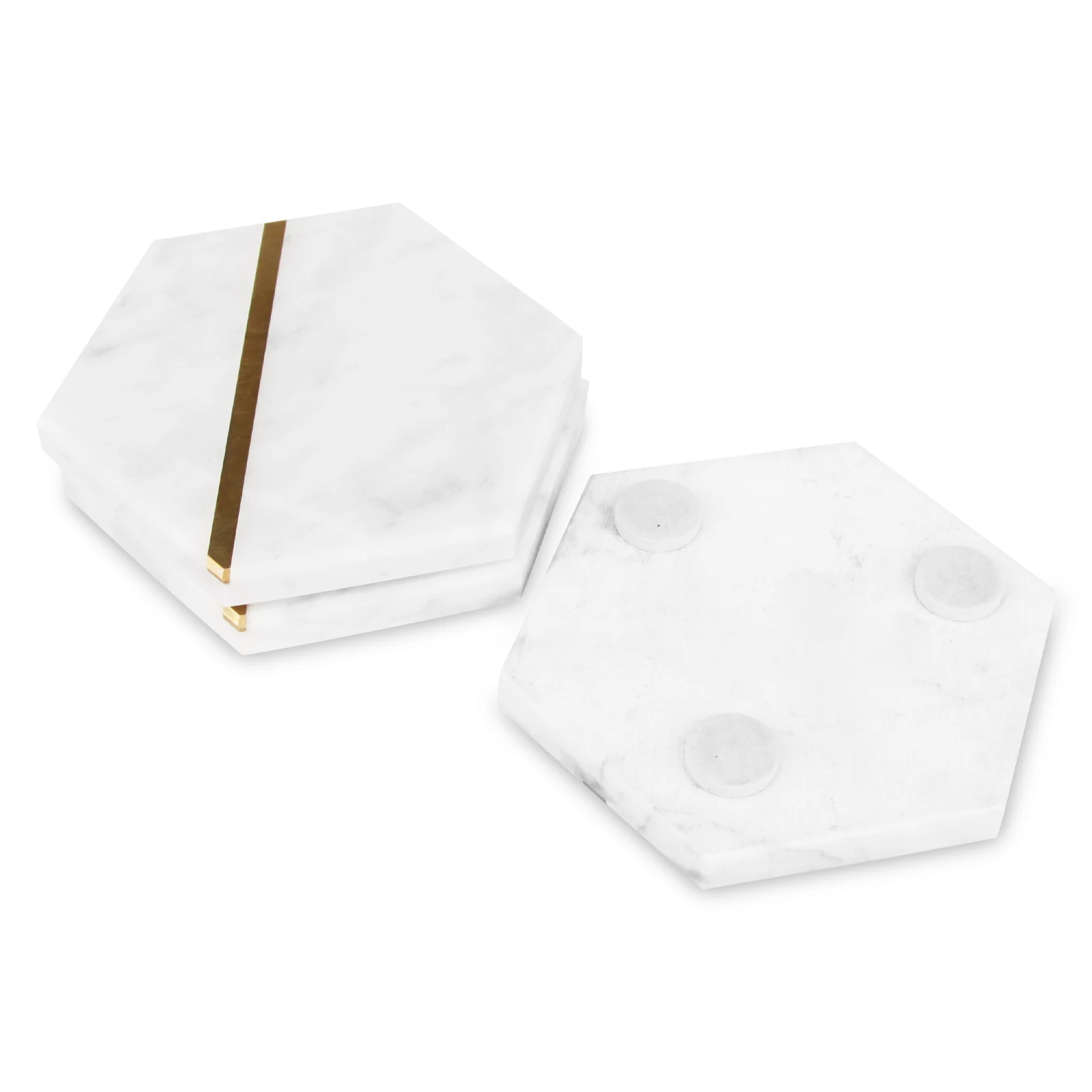 Wholesale Customised Record Logo White Grey Golden Line Hexagonal Beer Cup Drinks Beach Kitchen Nature Stone Marble Coaster Set