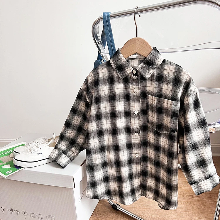 Spring Korean Design GirlS Tops Casual Plaid Long Sleeve 100% Cotton Baby Girls Blouses Shirts