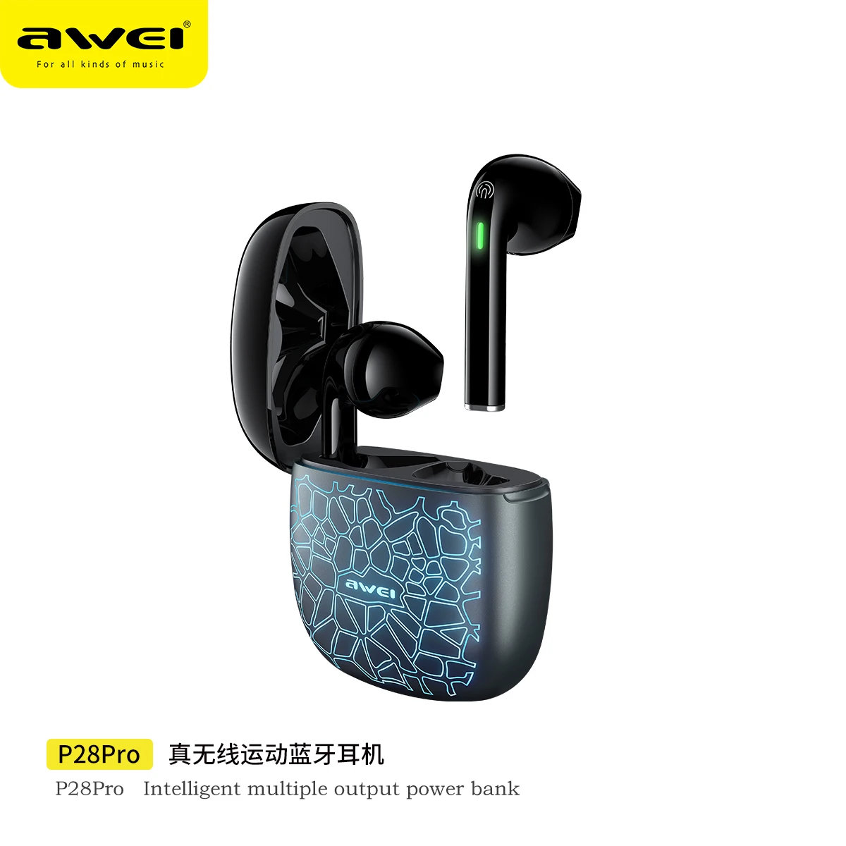 Awei OEM earphone earbuds T28 Pro wireless Bluetooth gaming cool  LED light color change ice crack custom pattern logo