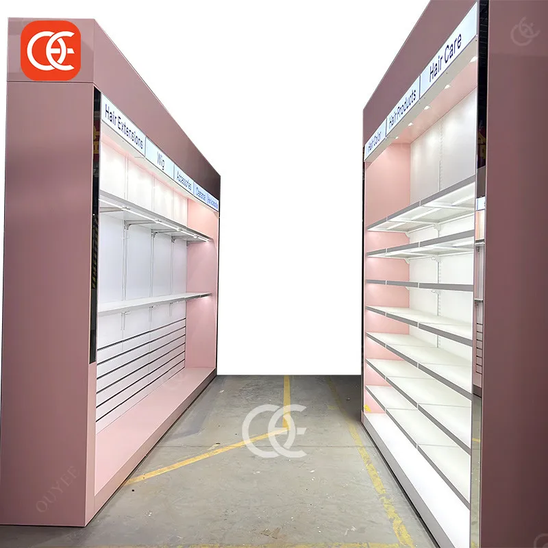 Pink Cosmetic Store Design Beauty Hair Products Display Shelves For Retail Store With Light Beauty Supply