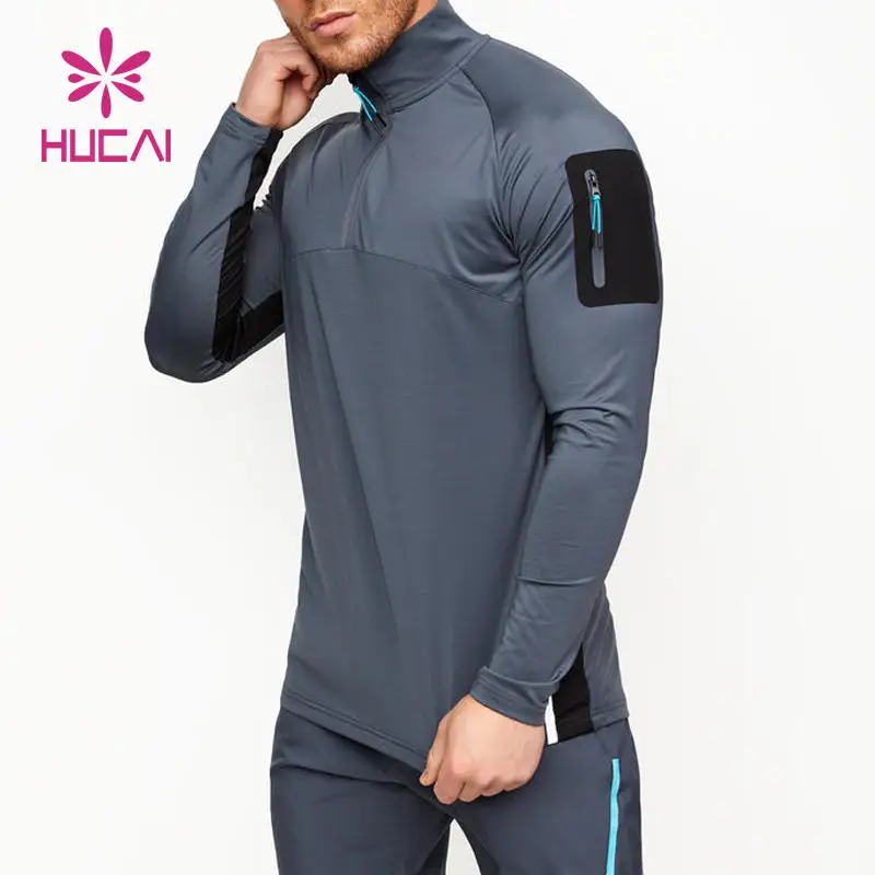 HUCAI Custom logo Training Top Workout men half zip athletic compression long sleeves sports dry fit gym t shirts for men