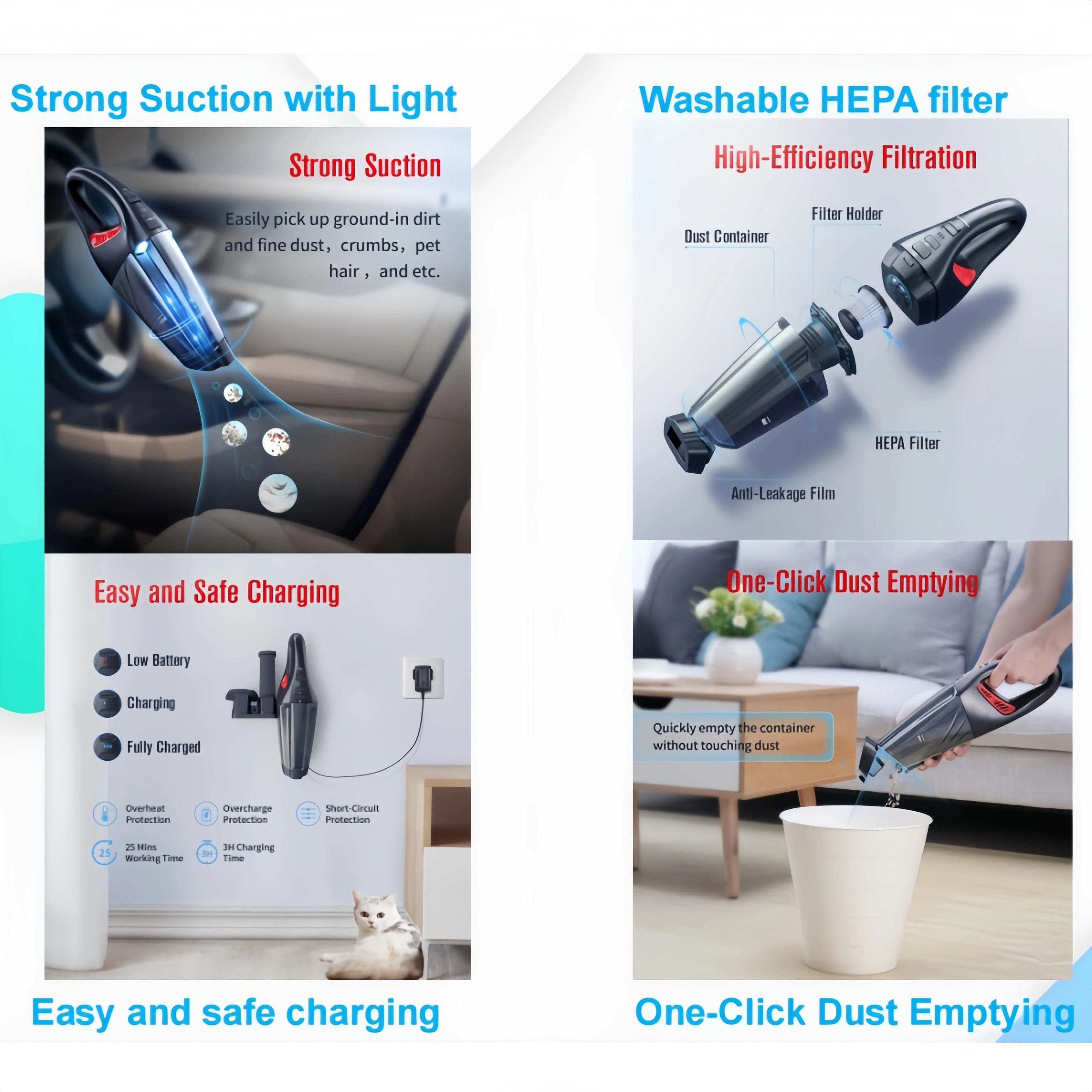 Handy Cordless vacuum cleaner with light for car and home use 611A, 11.1V 2200mAh, LED light, 3H Fast Charging