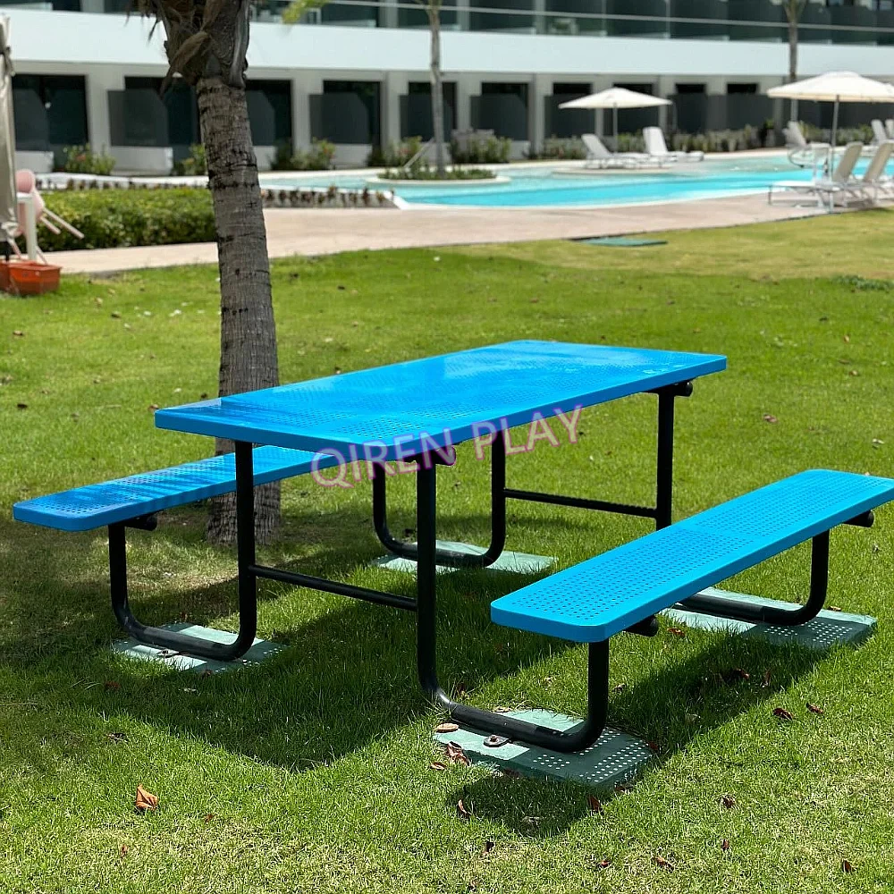 Modern Outdoor commercial metal picnic table bench garden furniture steel dining table outside patio cafe table