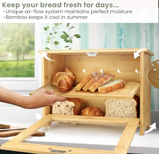 Bamboo Bread Box for Kitchen Countertop Double Layer Bread Storage Bin with Clear Windows Rustic Farmhouse Style Bread Bin