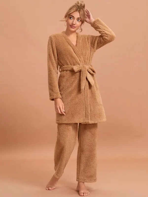 MGOO 3pack Solid Flannel PJ Set And Belted Robe Winter Warm Pajama 3pcs Teddy Loungewear