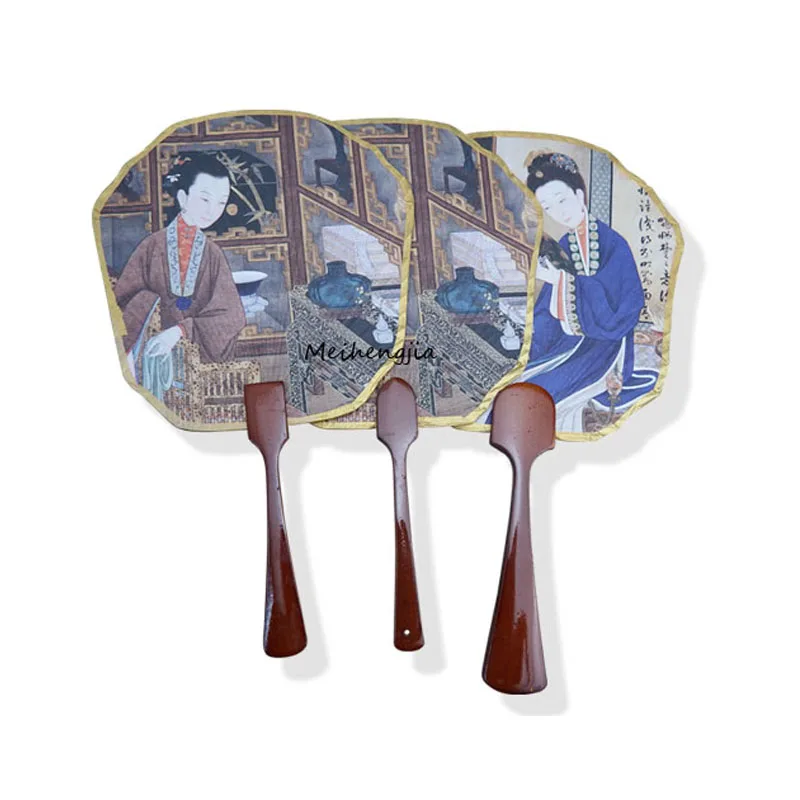 Chinese Style Round Fan With Wooden Handle Portable Printed Vintage Fan For Decoration