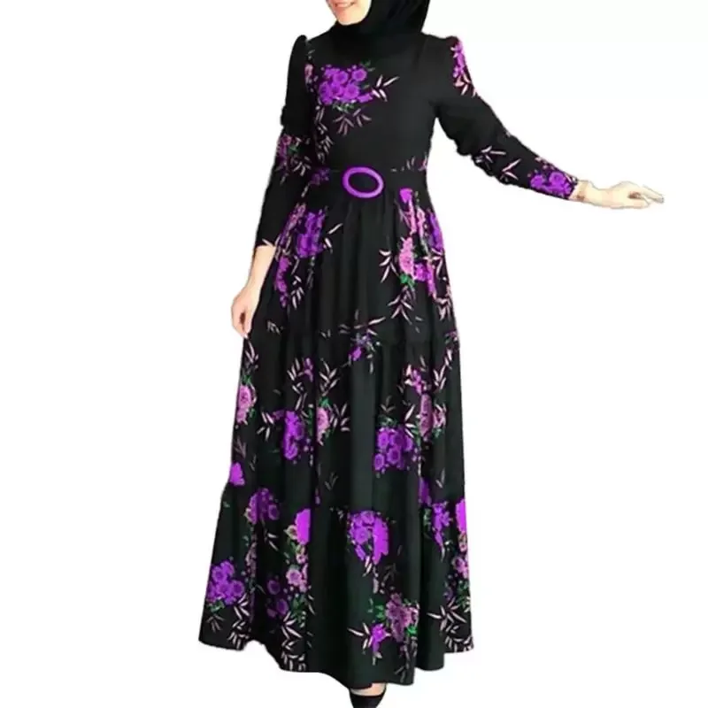 Casual Dresses Muslim Abaya Dress Plus Size Fashion Long Sleeve Elegant Ethnic Floral Print Belt Vintage Maxi Kaftan Robe