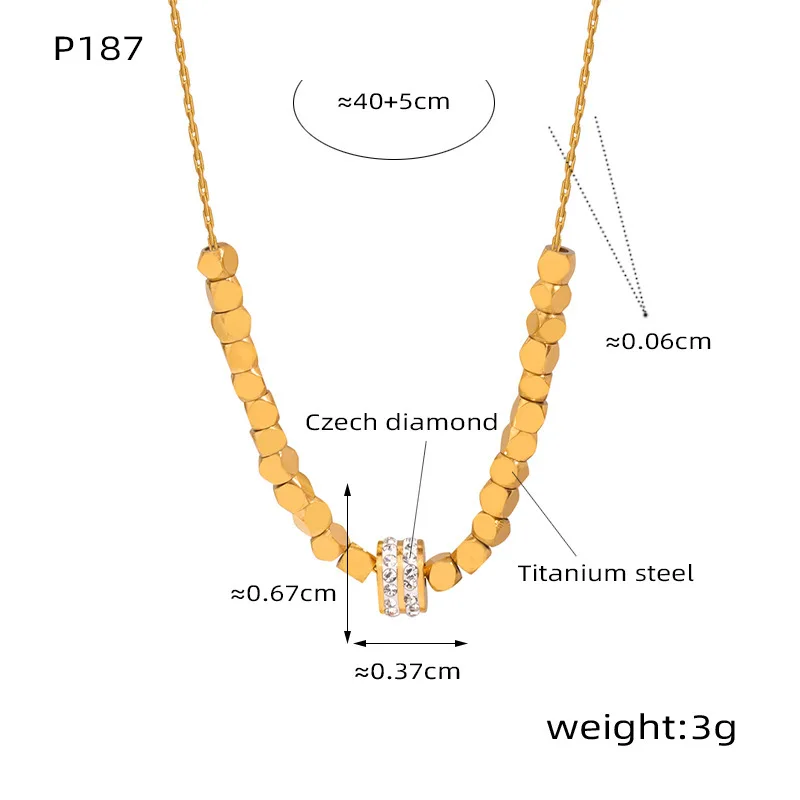 Fashion Jewelry 18k Gold Plated Stainless Steel Square Bead Beaded Inlaid Zircon Circle Charm Necklace Women