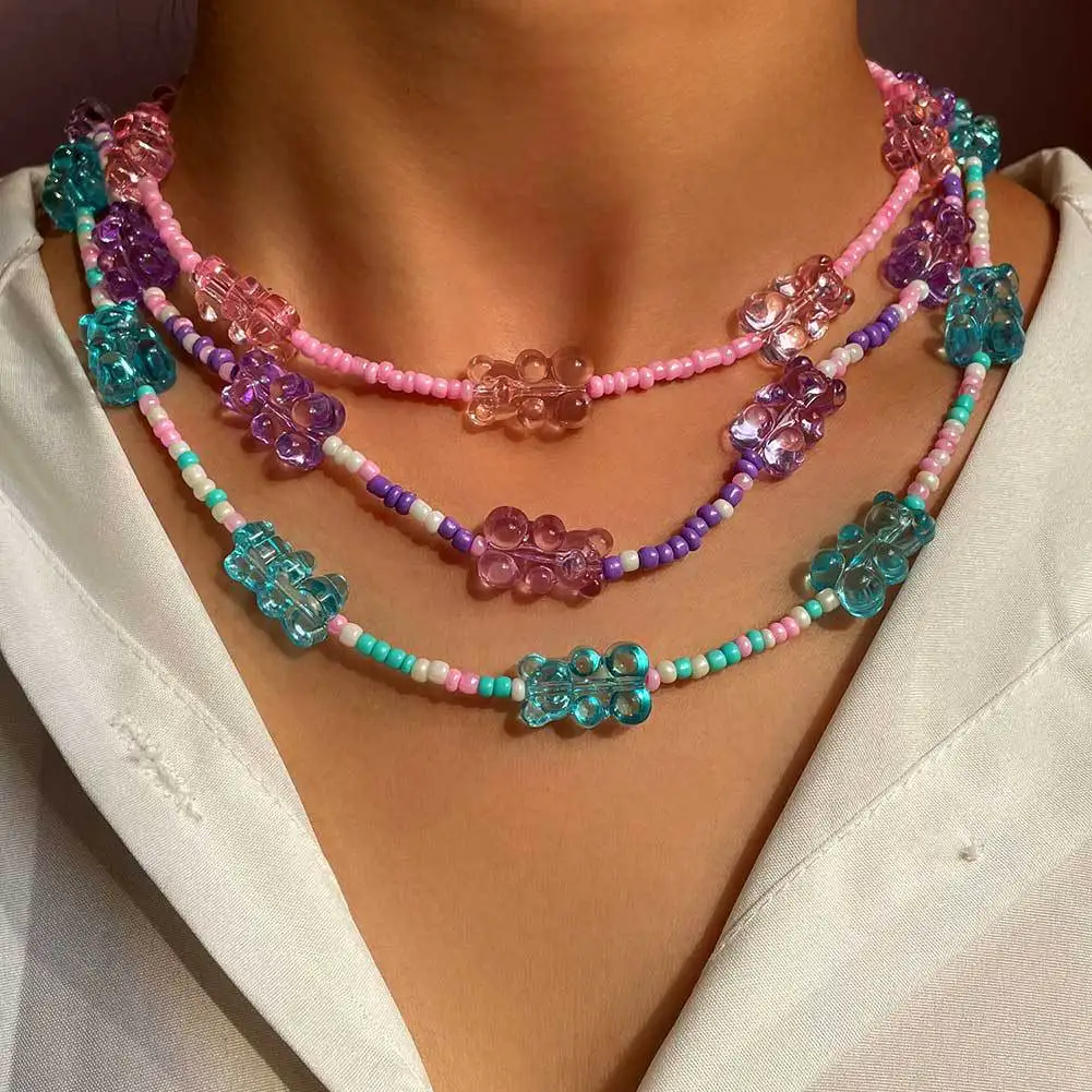 Collar Oso Transparent Candy Color Gummy Bear Rainbow Beaded Necklace Women Handmade Seed Beads Choker Necklaces