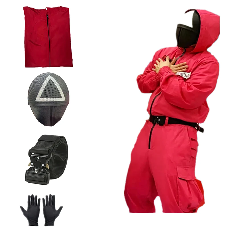 Squid Game Costume 4pcs Soldier Boss Mask Squidgame Cosplay Halloween Villain Red Jumpsuit Belt Black Squid Game Cosplay