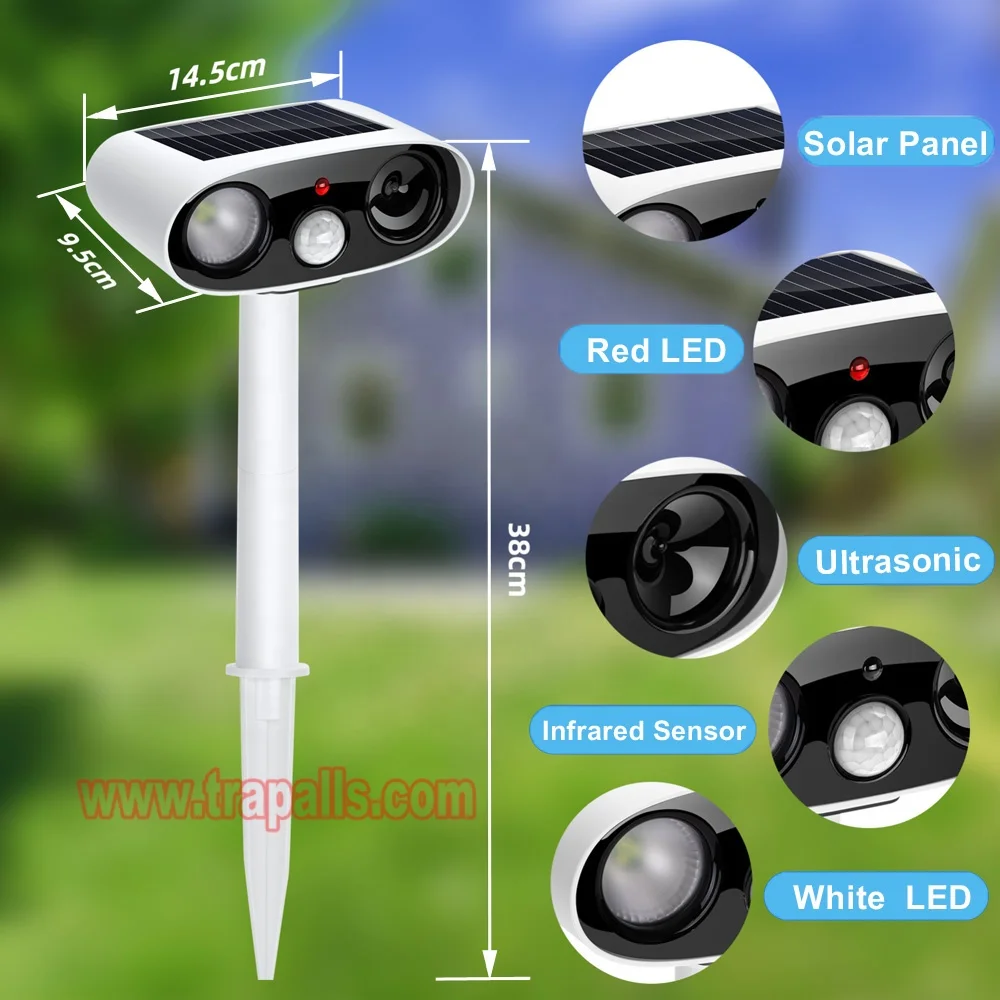 Outdoor Garden LED PIR Solar Bird Repellent Expel Rodent Ultrasonic Animal Repeller
