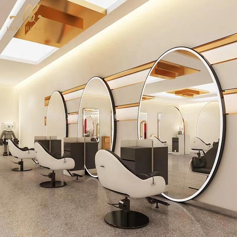 Floor Luxury Light LED Mirror Cabinet Hair Furniture Barber Station Hair Salon Furniture Set Double Sided Barber Mirror