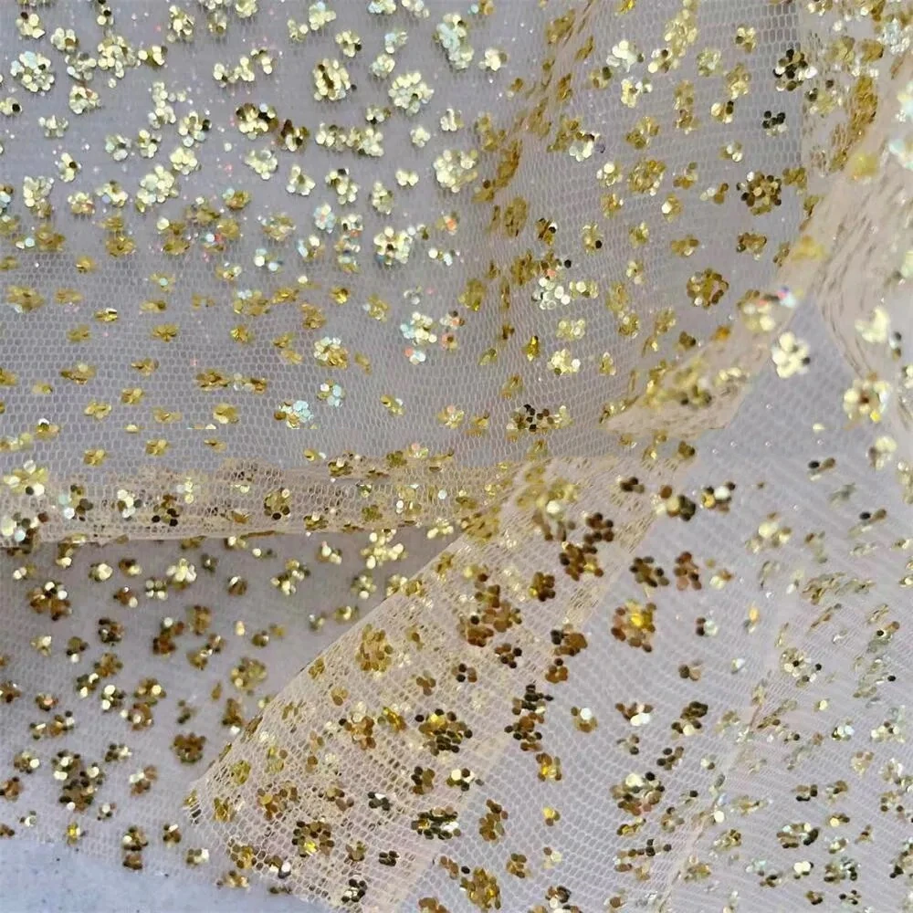 Glitter Bronzing Fabric. Gold Shiny Bridal Dress Lace Fabric. Wedding Arrangement DIY Sewing Fabric