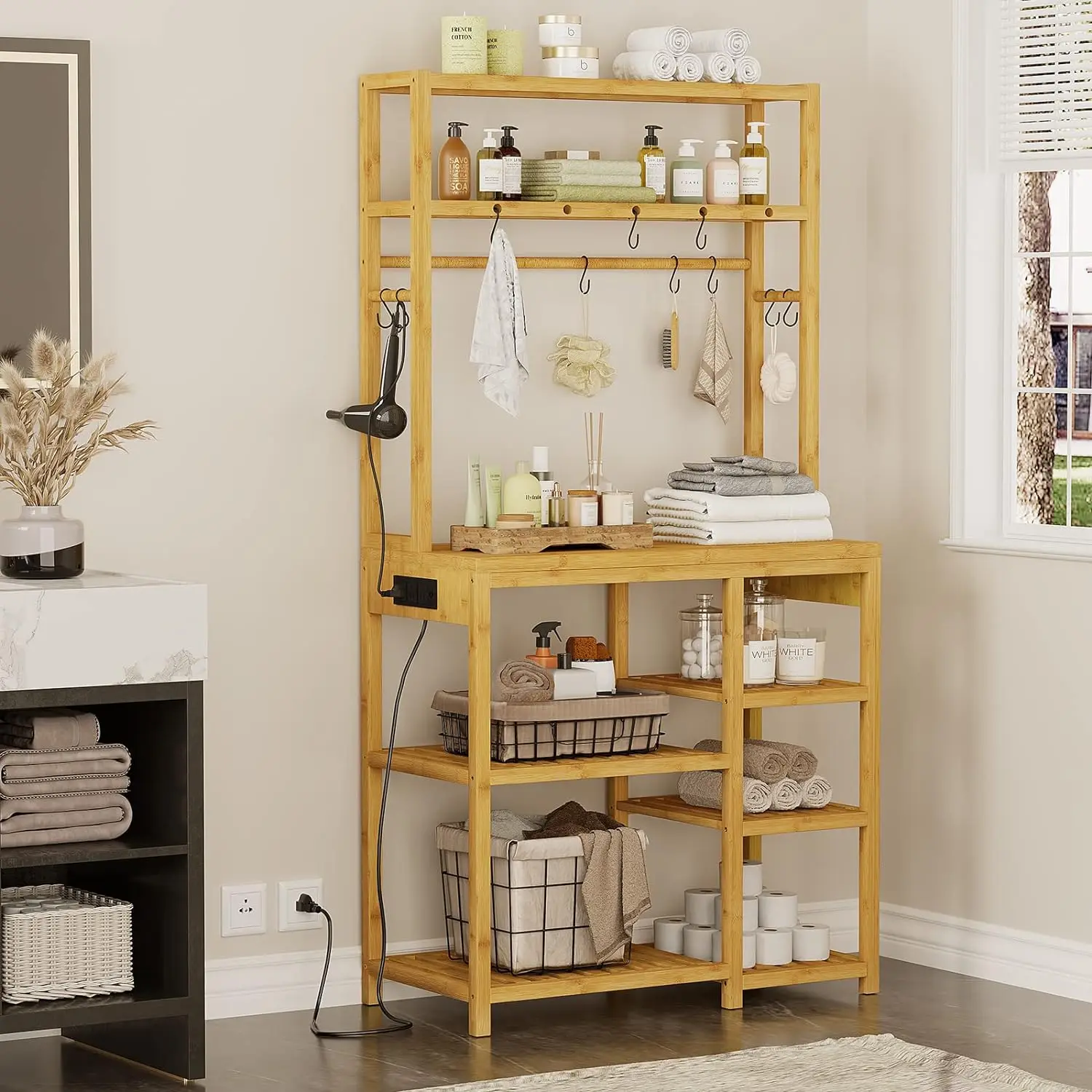 Bakers Rack 6-Tier Microwave Stand Kitchen Utility Storage Shelf with Power Outlets Microwave