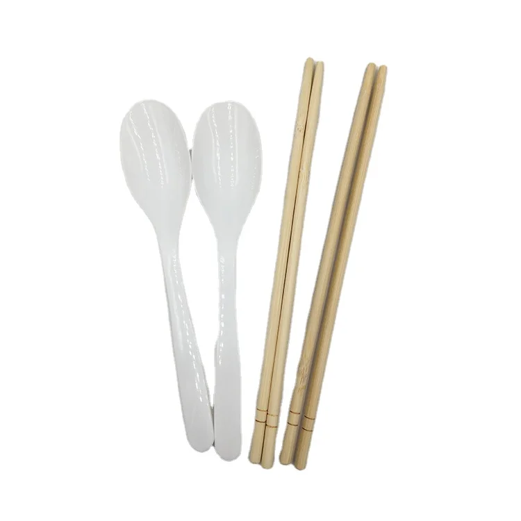 Individually Paper Wrapped Disposable Round Bamboo Chopstick Spoon Set