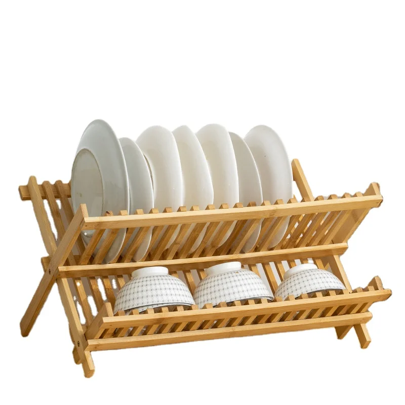 Bamboo Dish Drying Rack Collapsible Wooden Dish Drainer Rack 2-Tier Large Folding Drying Holder