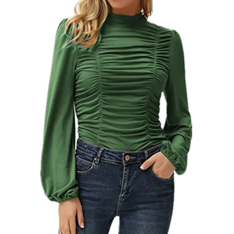 European and American Autumn and Winter New Hot Sell Solid Color Long Lantern Sleeves High Collar Pleated slim T-shirt