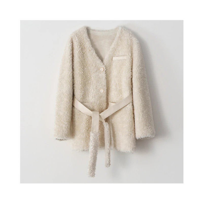 Fall Winter Beige Single Breasted V-Neck Women Sheep Wool Genuine Lamb Fur Coat With Waist Belt