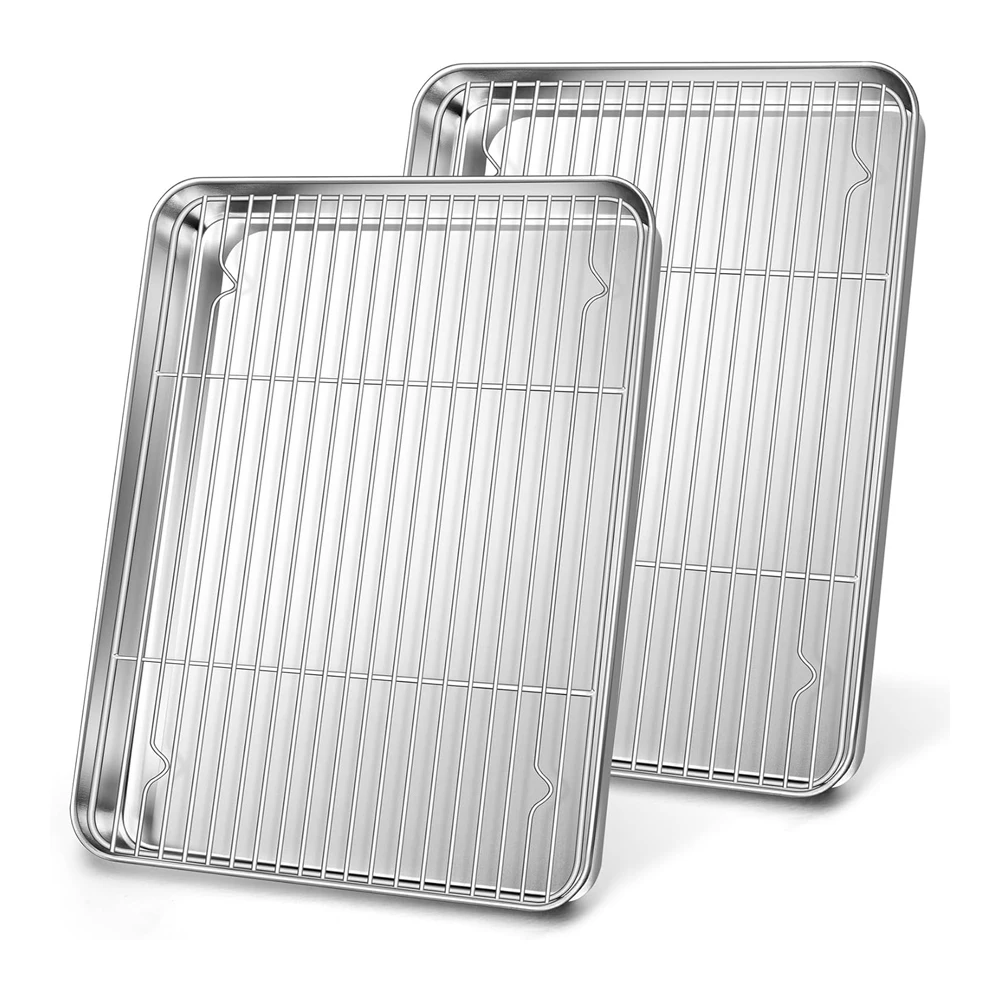 Durable Cooking Roasting Cookie Sheet Pan and Rack Set Baking Tray Stainless Steel Baking Pan with  Cooling Rack