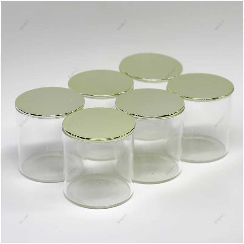 In Stock Ultra-Light 6PC 10 oz Clear Borosilicate Glass Candle Jar with Elegend Shinny Gold Electroplate Plastic Lid