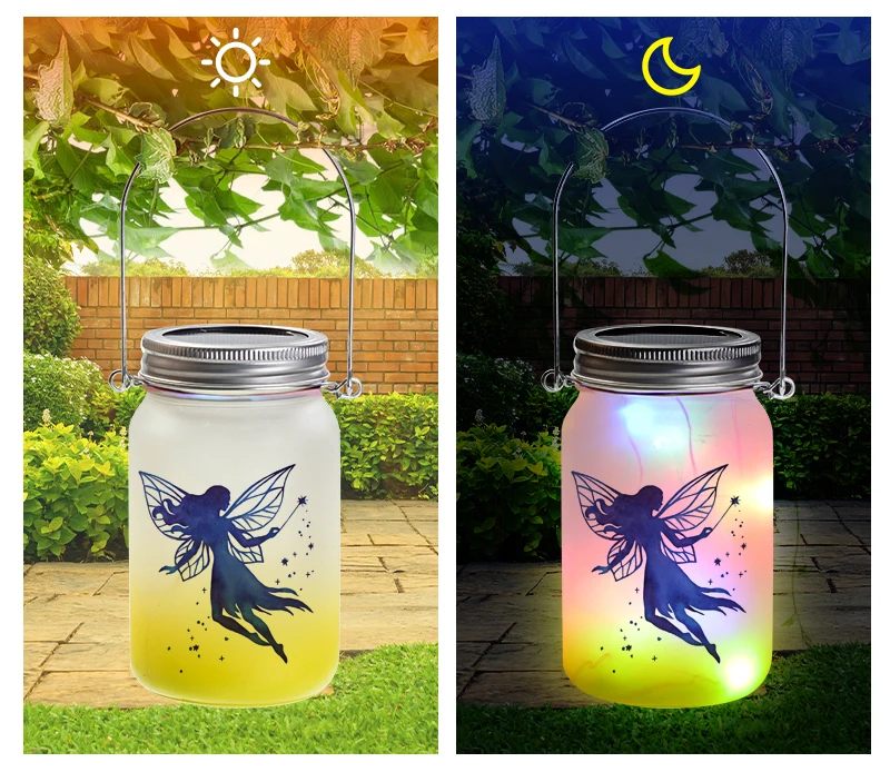 PYD Life 15oz 450 ml Custom Printing Gradient Colour LED Lights Lantern Lid Custom Frosted Glass Sublimation Fairy Mason Jar