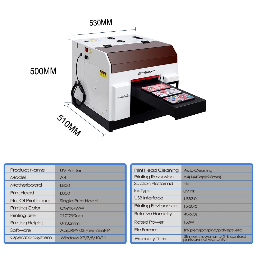 EraSmart Digital Inkjet Desktop L800 L805 Print Head UV Flatbed Printer Price Mini Size A4 A3 UV Printer For Phone Case