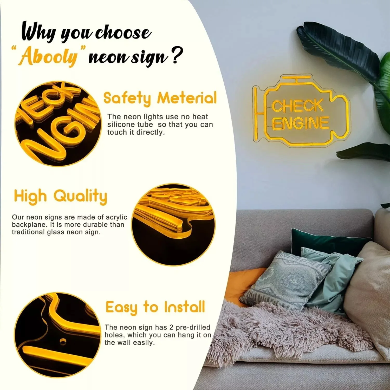 Check Engine Light Neon Signs for Wall Decor, LED Garage Neon Signs Wall Art Gifts for Dad, Man Cave Auto Repair Shop Workshop