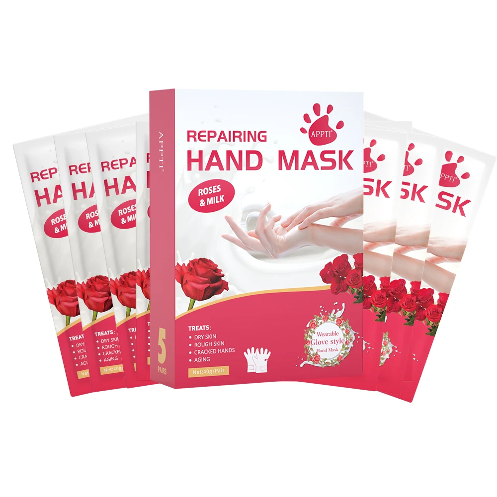 5 Pairs Repairing Hand Peel Mask with Rose & Milk, Moisturizing Hand Mask for Repair Dry Skin, Rough Skin, Cracked Hands