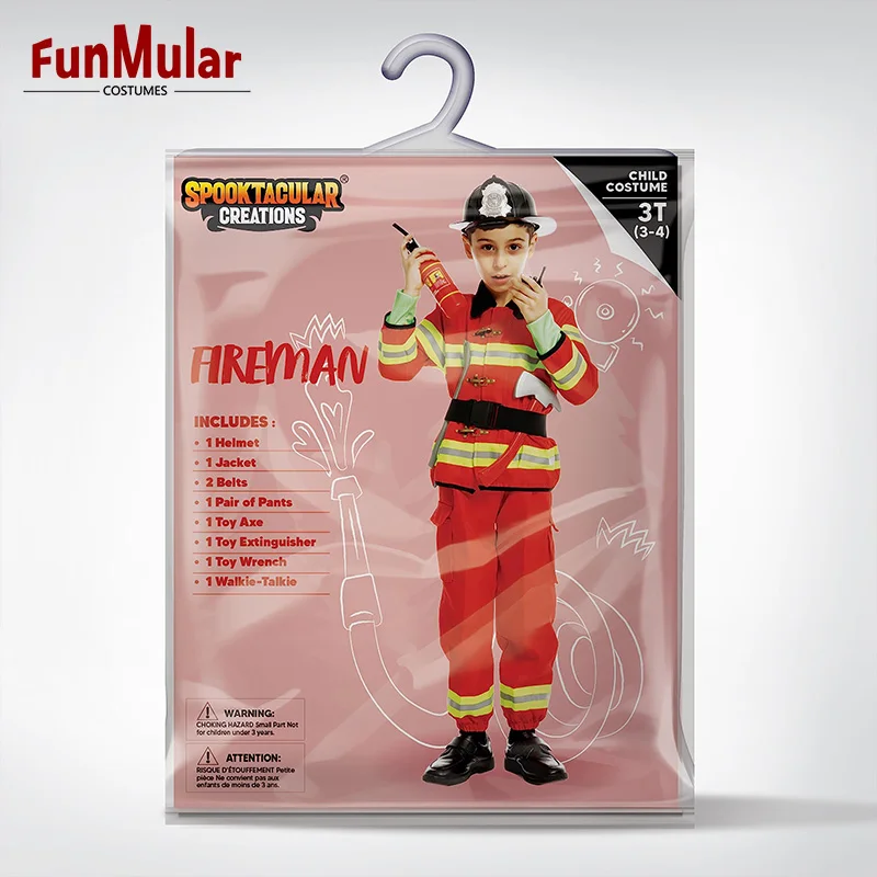 Funmular Creations Child Unisex Red Fireman Costume for Kids Halloween Cosplay Dress Up OEM/ODM