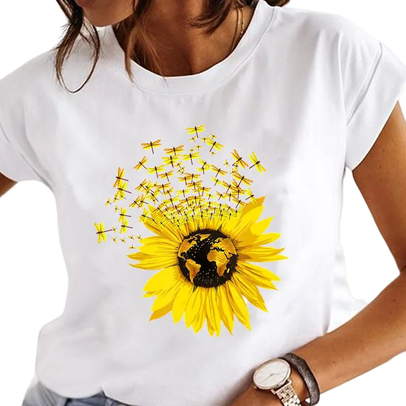 Women Printed Short Sleeve Casual T-Shirt Summer Fashion O-Neck Cartoon Sunflower Pattern Pullover Top