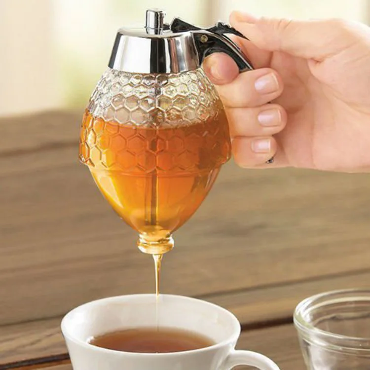 Wholesale Glass Honey Dispenser Jar Baking Syrup Honey Dispenser with Storage Stand Stainless Steel and Chrome-Plated ABS Design