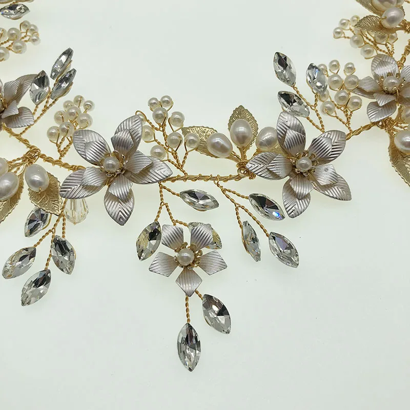 Женская тиара с пресноводным жемчугом, свадебный аксессуар цвета розового золота с цветами, свадебный головной убор