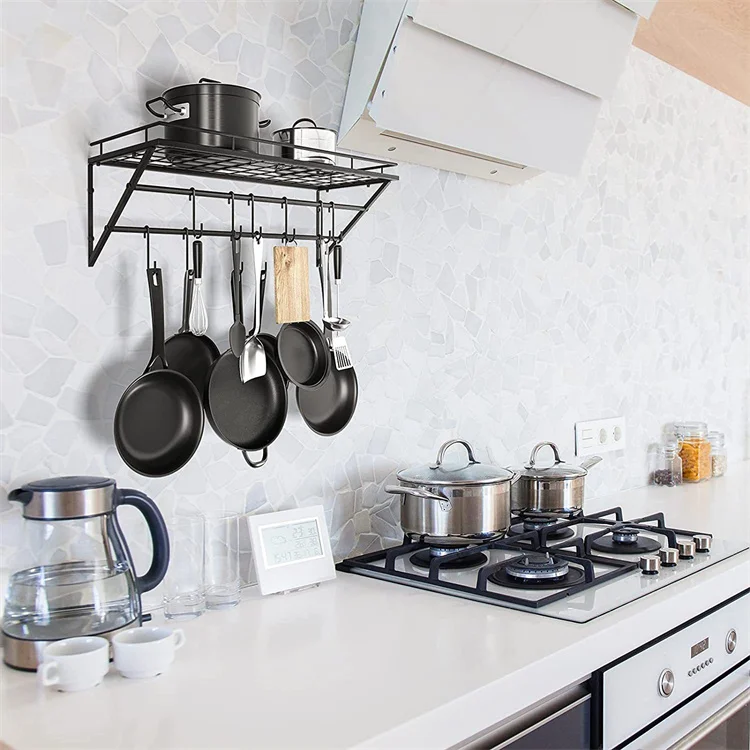 Factory Price wholesale wall mount pot and Pan rack kitchen metal storage racks