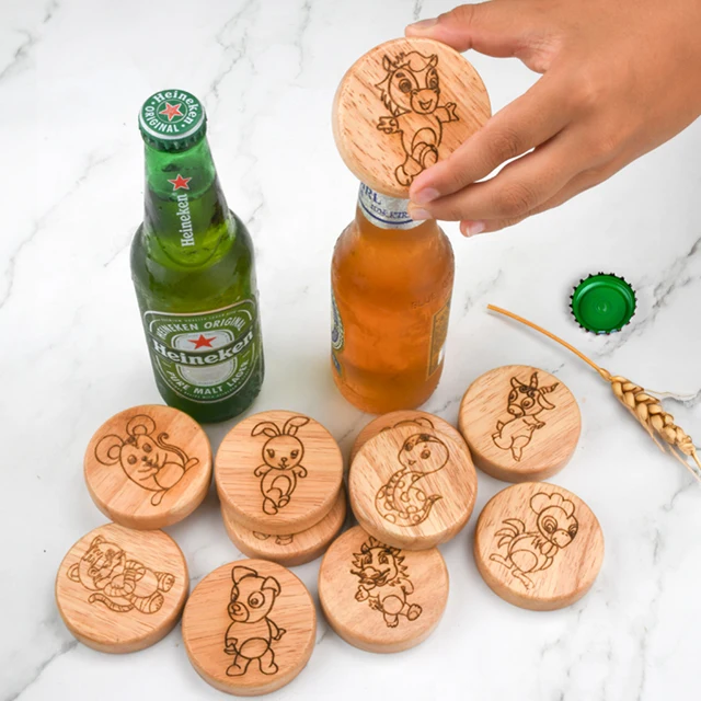 Wholesale Custom Stainless Steel Can Opener Design Logo Round Openers Promotional Gift Wood Beer Bottle Opener with Magnet