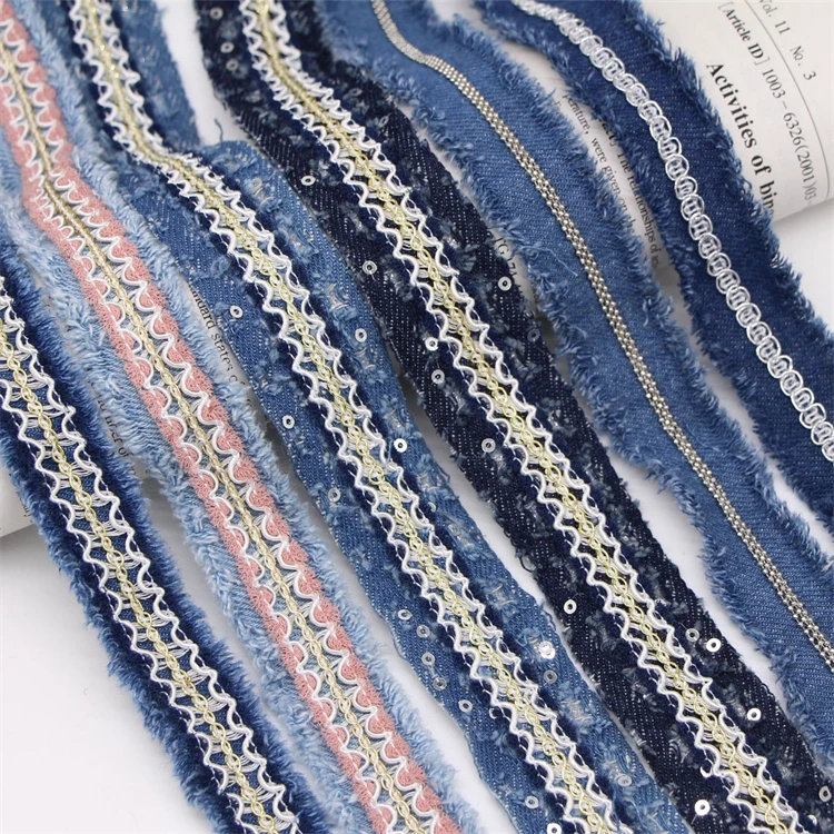 Wholesale Winter Coat Luxury Border Lace Trimming Ethnic Cord Blue Jeans Lace Trim Embroidery Sequin Lace Trim