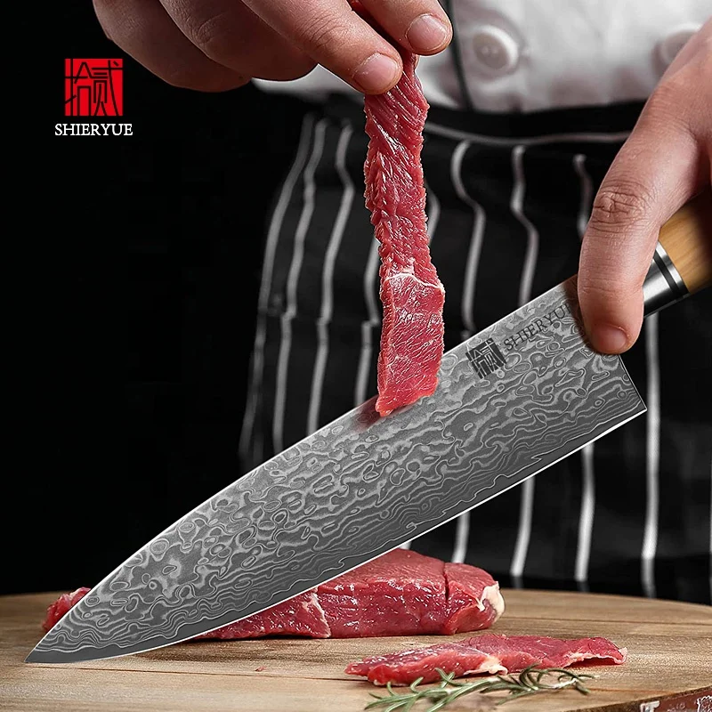 OEM custom Noble raw wood handle damast chef knife vg10 damascus kitchen knife set with silver ring