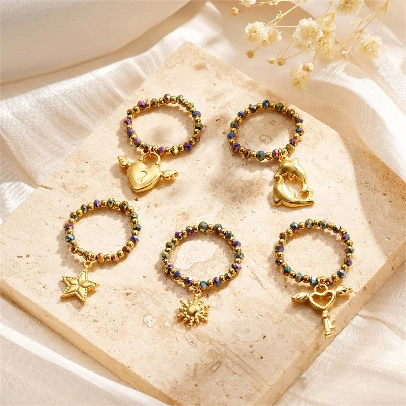 Hot Selling Trendy Stainless Steel Lock Dolphin Magic Wand Elastic Bead Ring Handmade Bead Ring For Women