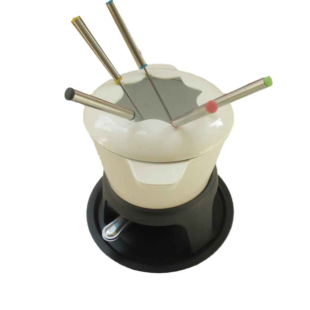 Hot Sale Black Pre-seasoned /Enamel Cast Iron Mini Fondue Sets With 6 Fondue Forks Included For Cheese Or Chocolate Fondue