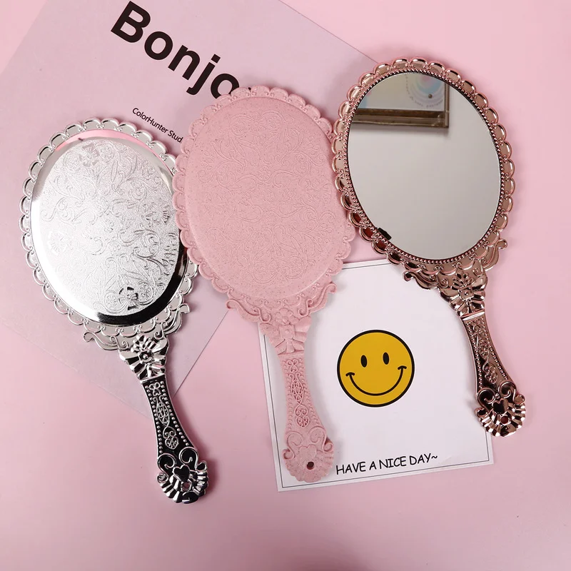 Small Vintage Cosmetic Mirror Floral Print Hand Hold Looking-glass Makeup Beauty Tool Tiny Mirror
