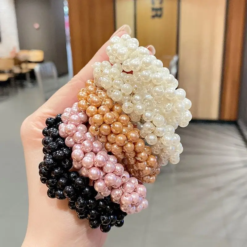 Handmade Crochet Candy White Full Crystal Pearls Ponytail Scrunchies Ties Elastic Rubber Hair Accessories Women Pearl Hair Bands