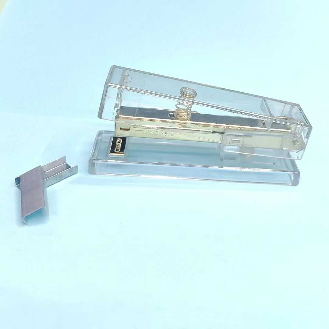 Office desktop fancy gift new design full strip decorative transparent luxury clear plastic cover rose gold stapler