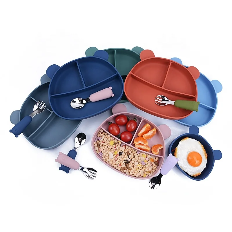 Cute Bear Kids Tableware Food Grade Bpa Free Wholesale Baby Silicone Tableware Feeding Set With Spoon