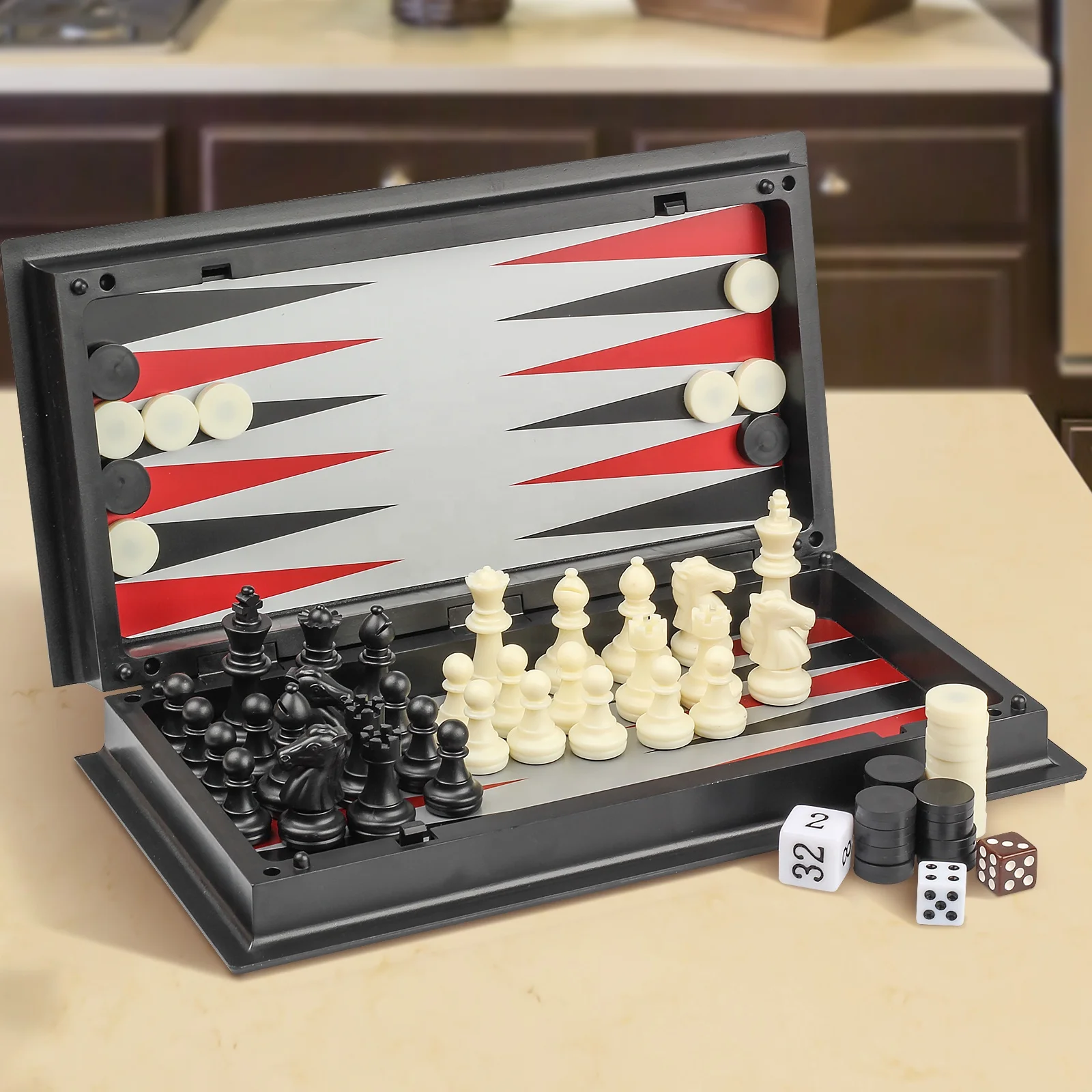 Intelligence Magnetic Travel Three In One Backgammon Checkers Chess Board Game Set with Dices