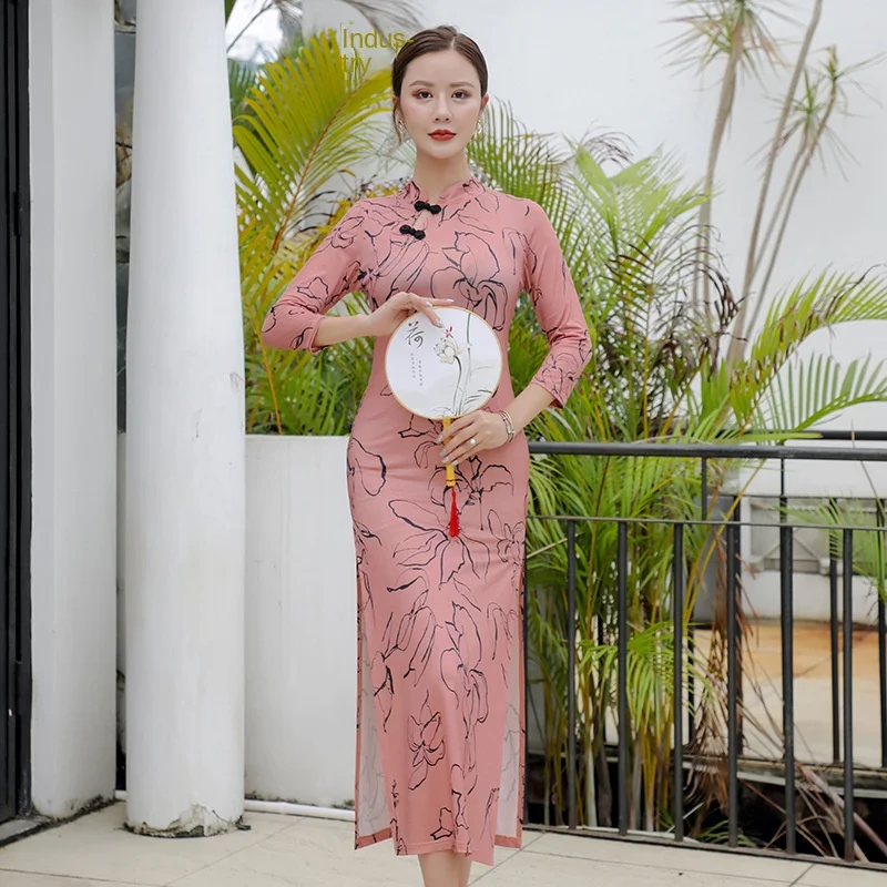 Printed Slit Thin Table Performance Dress Elastic Training Woman Chinese Style Classical Folk Dance Cheongsam