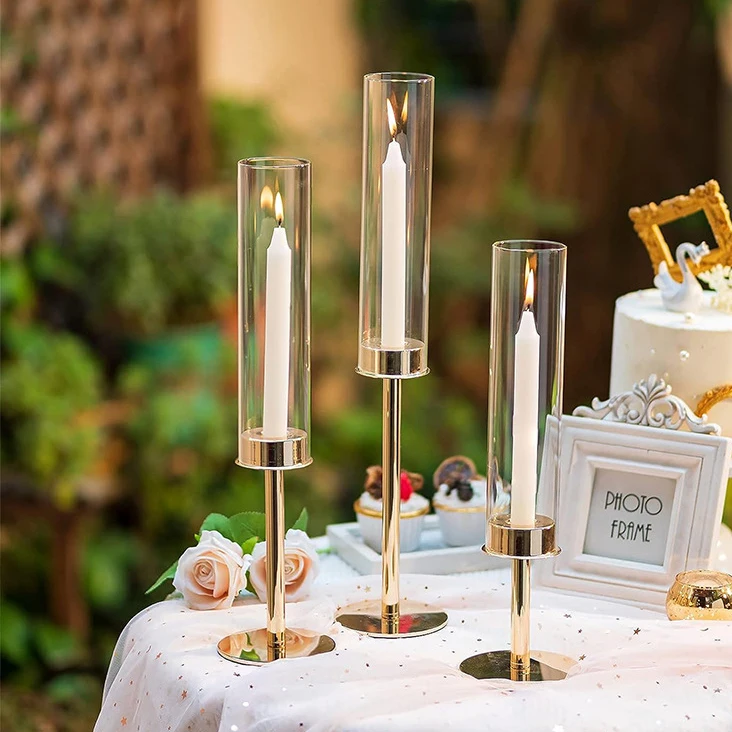 Chimney thin gold candle holder wedding taper candlestick holder with glass shade metal candelabra centerpiece