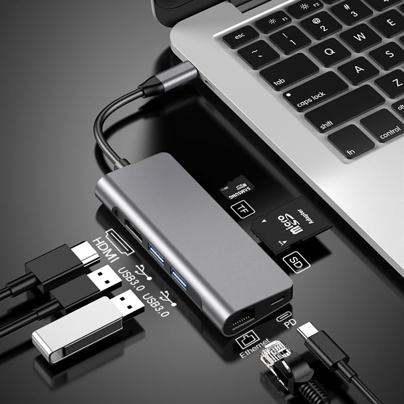 USB C концентратор 7 в 1 с 2 * USB 3,0 HDMI 4K Gigabit RJ45 PD зарядка SD/TF кард-ридер