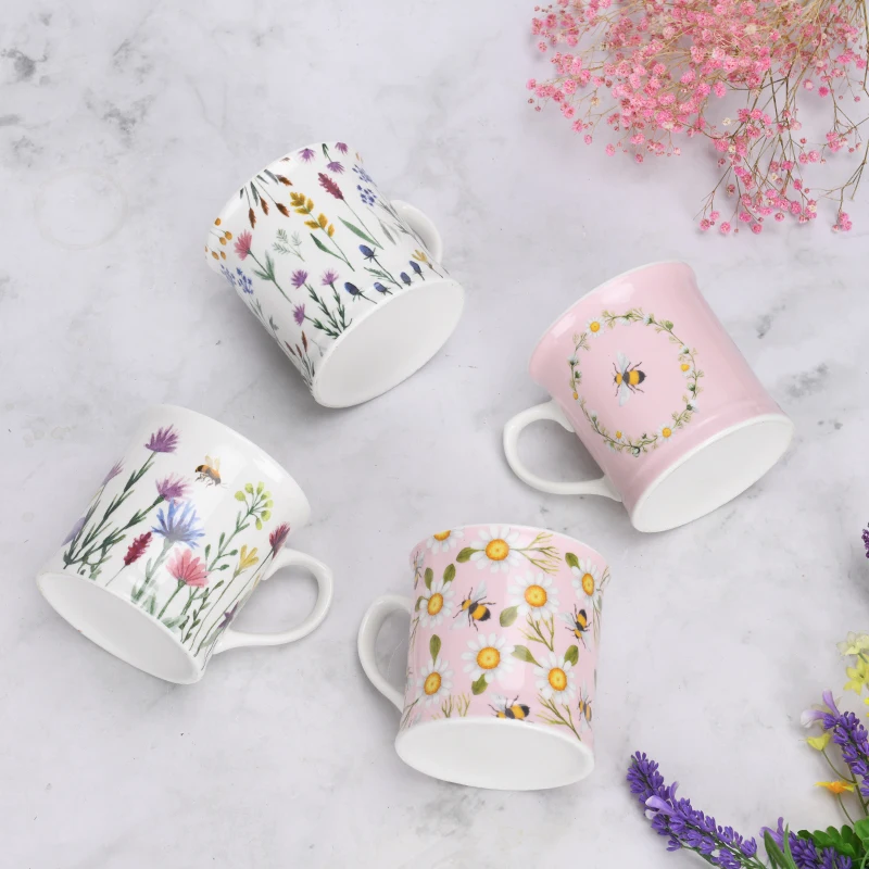 manufacturer garden flora bee and butterfly color glaze clay ceramic coffee mug with handle
