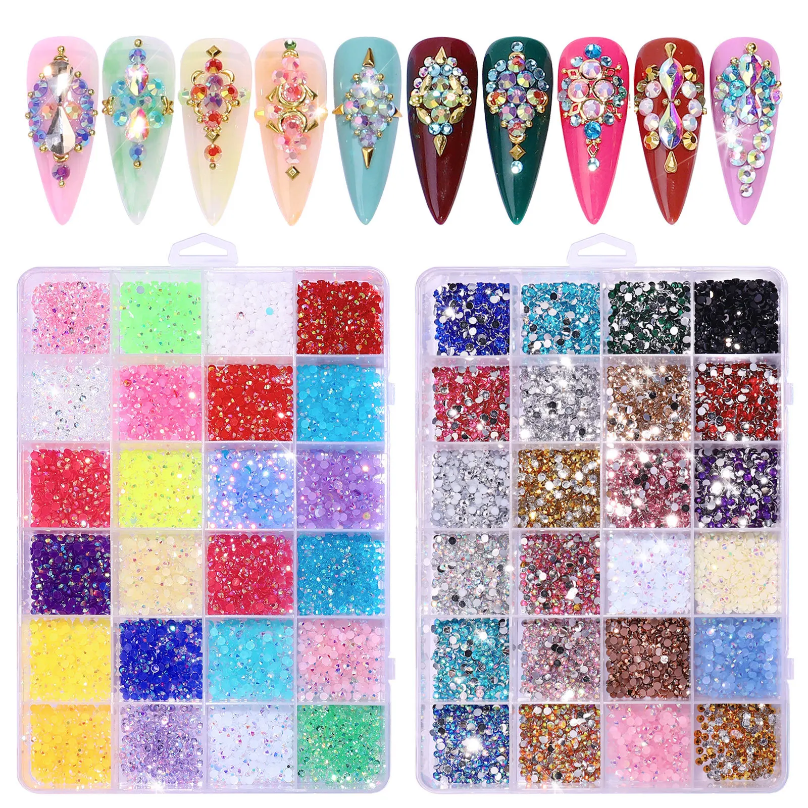 Wholesale 24 Grids 3D Shinny Fancy Nail Art Decoration Diamond Mixed Colors Flatback AB Rhinestone Jewelry Nail Art Rhinestones