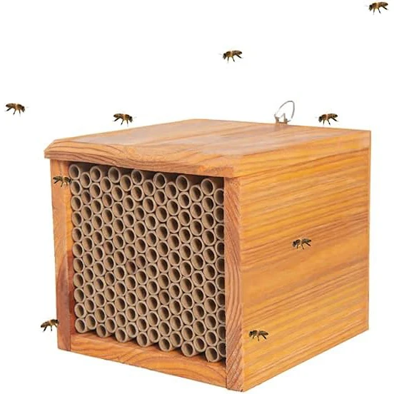 Wooden beehives are waterproof natural hand-decorated to attract peaceful bee pollinators bee preservation gifts