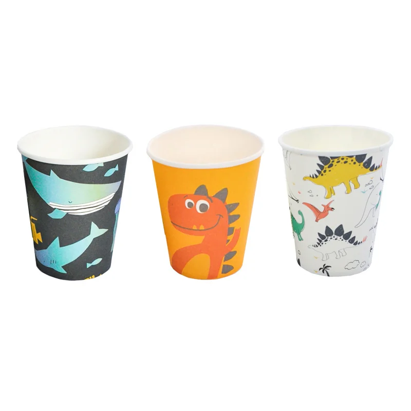 Partybus Hot Selling 270ml Disposable Biodegradable Cute Dinosaur/Shark Party Paper Cups